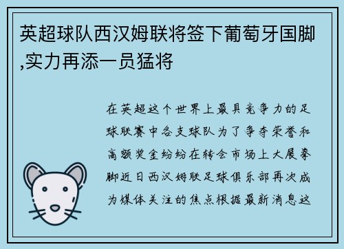 英超球队西汉姆联将签下葡萄牙国脚,实力再添一员猛将